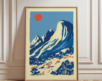 Poster di montagna retrò, stampa artistica di paesaggi dai colori vivaci, arte murale vintage
