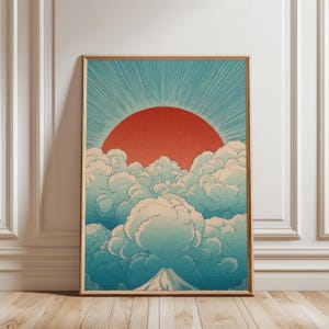 Mount Fuji Sun Cloud Poster, Japanese Ukiyoe Landscape Wall Art, Vintage Woodblock Nature Print