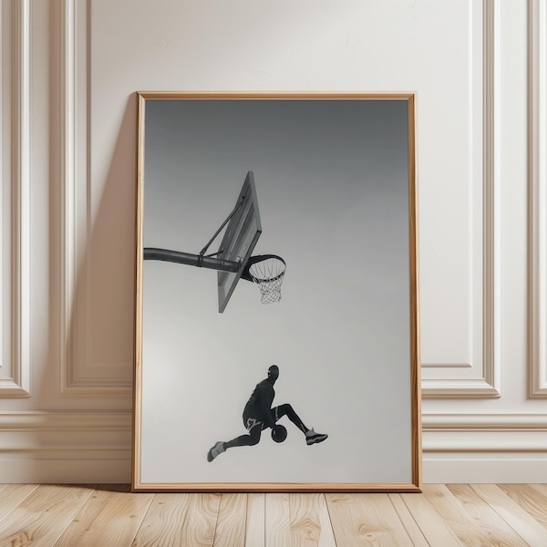 Black White Basketball Poster, Dunk Action Sports Wall Art, Minimal Basketball Print