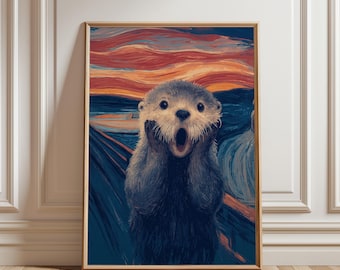 Otter Scream Expression Poster, Funny Animal Painting Style Wall Art, Modern Parody Artwork Print