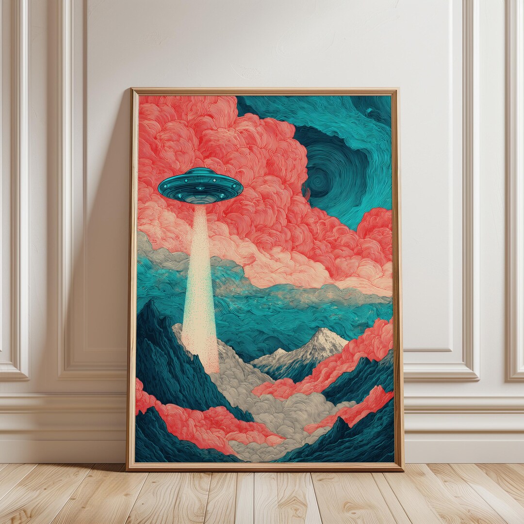 Surreal UFO Landscape Poster, Alien Beam Mountain Wall Art, Retro Sci ...