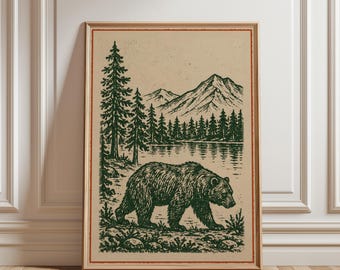 Vintage Bear Mountain Poster, Woodland Wildlife Wall Art, Rustic National Park Print Decor