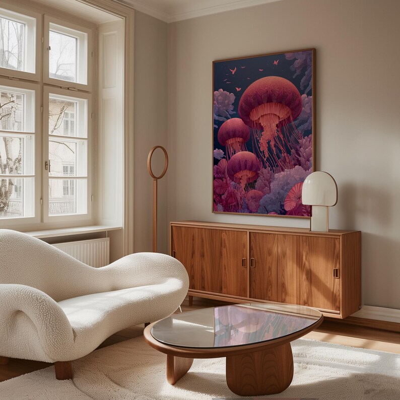 May include: A living room scene featuring a large framed artwork with a jellyfish theme. The artwork has a dark background with pink and purple jellyfish. The room also includes a white sofa, wooden cabinet, and a round coffee table.