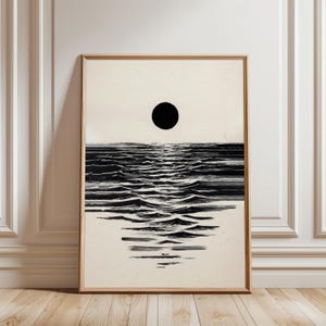 Black White Moon Reflection Poster, Ocean Night Wall Art, Minimal Sea Landscape Print