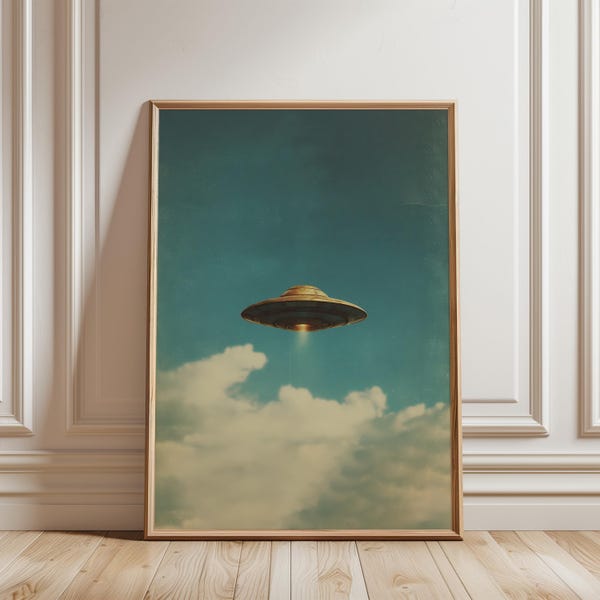 Retro UFO Sky Poster, Minimal Alien Spaceship Wall Art, Vintage Sci Fi Print