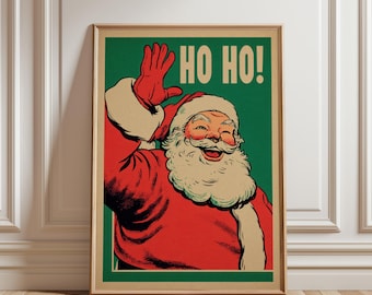 Retro kerstman kerstkunstdruk, Ho Ho vakantie muurdecoratie, vintage poster