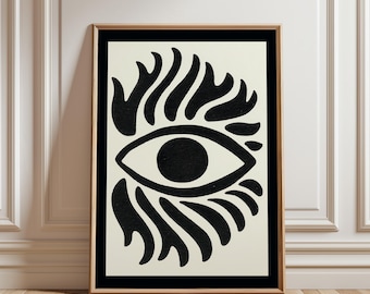 Abstract Eye Wall Art, Surreal Minimalist Poster, Psychedelic Black and Beige Print