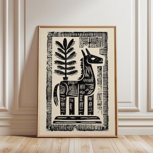 Mexican Animal Poster, Traditional Folk Wall Art, Rustic Linocut Print