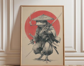 Póster de rana samurái, arte mural, ilustración de guerrero japonés, decoración vintage japonesa