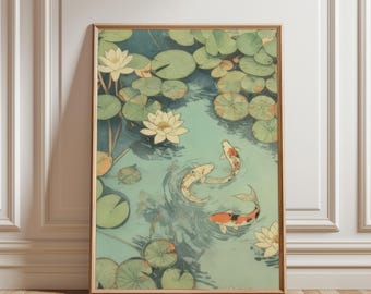 Muurkunst koivisvijver, waterlelie ukiyo-print, Japandi decor Wabi Sabi