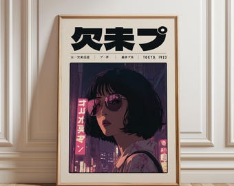 Cyberpunk anime vrouw poster, Tokyo Night City muurkunst, retro toekomstige Japanse print