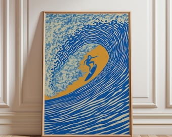 Japanese Surf Wall Art, Retro Wave Poster, Minimalist Surfer Girl Print, Blue and Yellow Wave Illustration, Coastal Beach House Decor