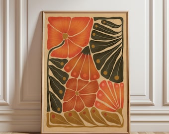 Mid Century Floral Poster, Retro Botanical Wall Art, Boho Abstract Flower Decor
