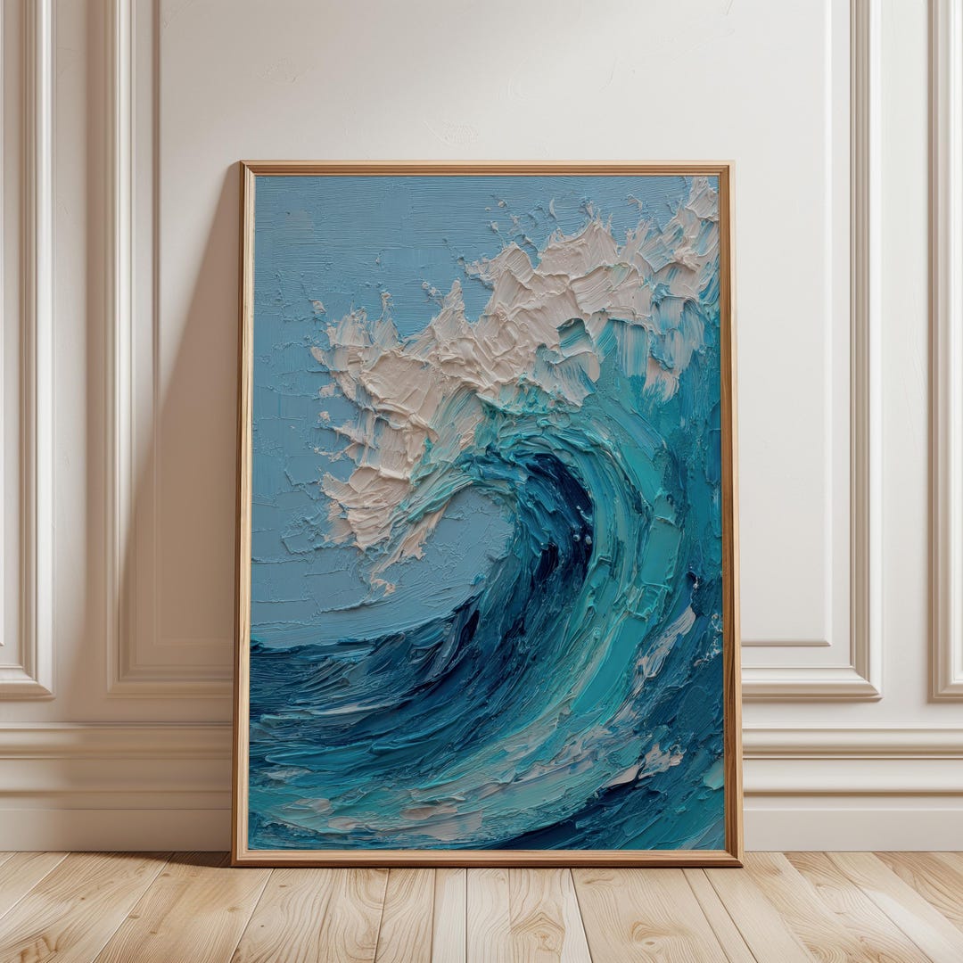 Abstract Ocean Wave Painting, Modern Coastal Wall Art, Blue Impasto ...