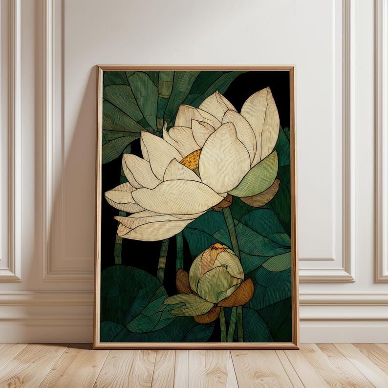White Lotus Flower Illustration Poster, Japanese Botanical Wall Art ...