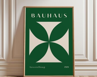 Bauhaus 1919 Exhibition Poster, Forest Green Minimalist Abstract Symbol Wall Art, Mid Century Modern Geometric Gallery Print