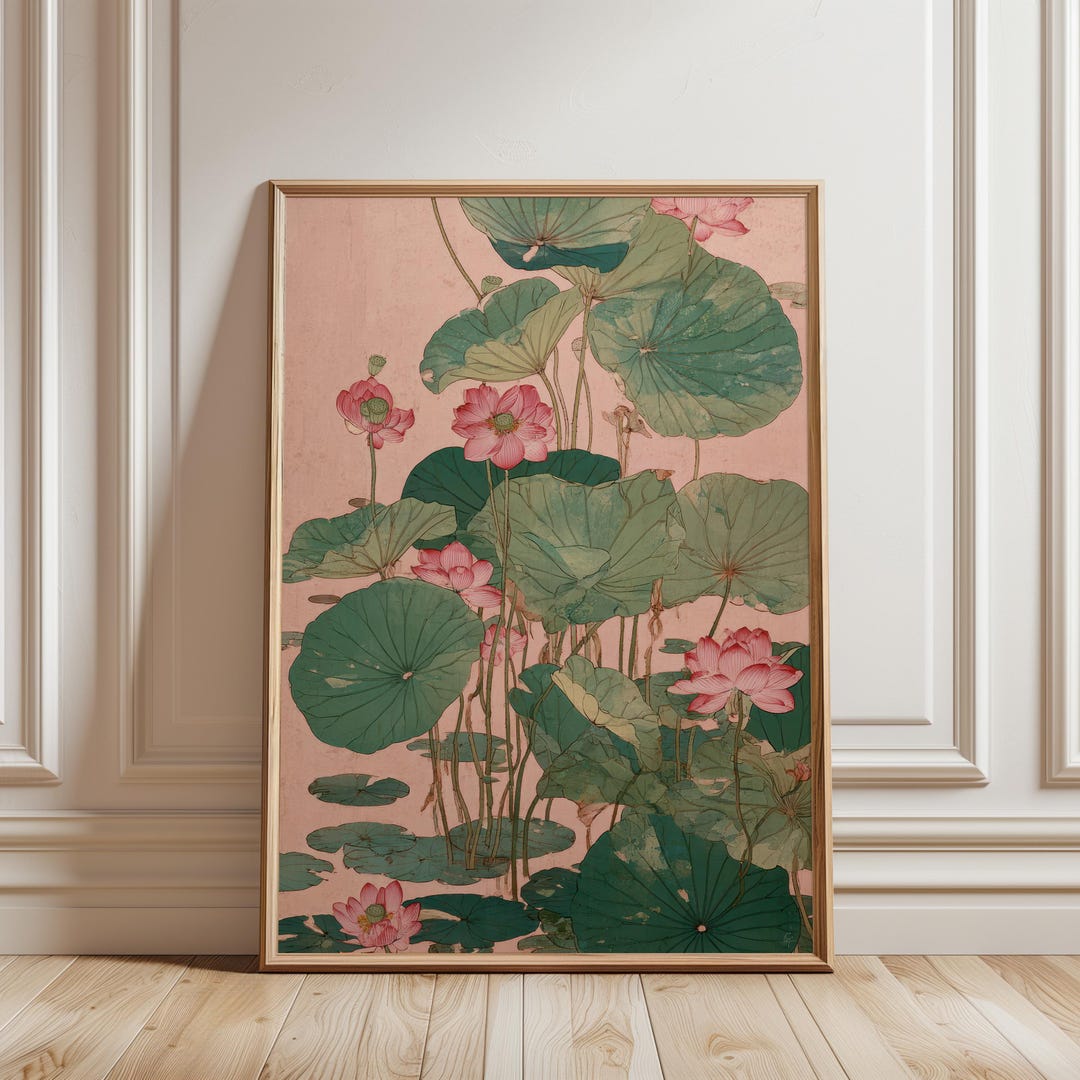 Japanese Lotus Botanical Print, Asian Nature Pink Floral Wall Art, Zen ...
