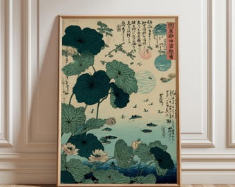 Vintage Japanese Lotus Pond Wall Art, Traditional Ukiyo-e Floral Poster, Oriental Garden Nature Print