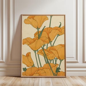 May include: A rectangular wall art print featuring a botanical illustration of multiple orange California poppies with thin green stems and leaves. The flowers are depicted in a flat, graphic style against a light cream-colored background.