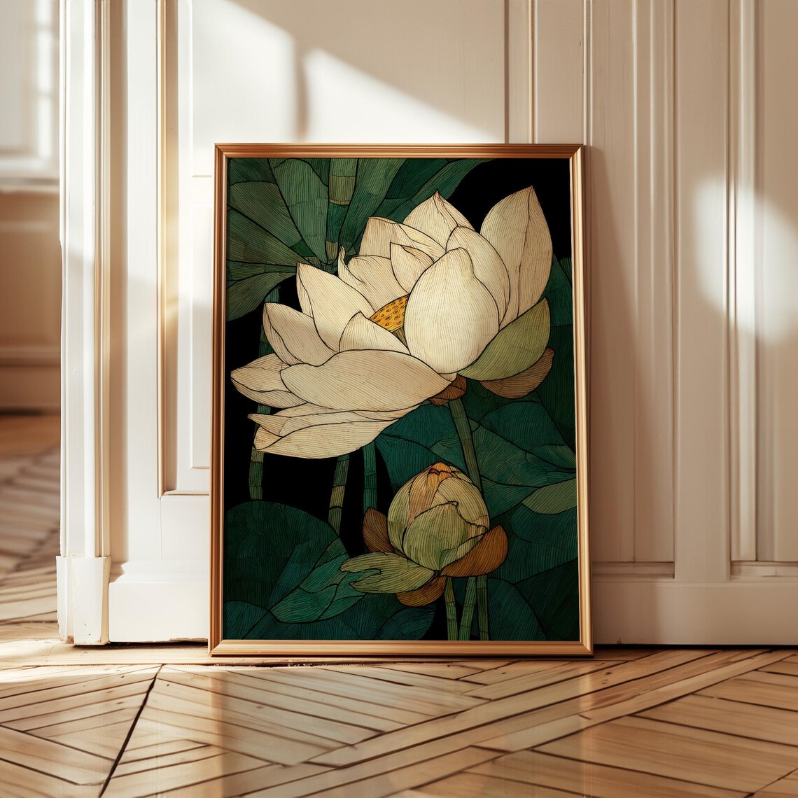 White Lotus Flower Illustration Poster, Japanese Botanical Wall Art ...