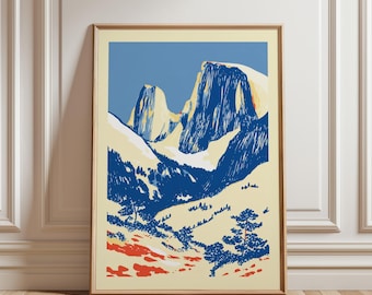 Poster di montagna retrò, stampa artistica di paesaggi dai colori vivaci, arte murale vintage