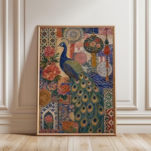 May include: A rectangular wall art print in a light wood frame featuring a central blue peacock with a long, detailed tail. The background is a collage of floral patterns, circular medallions, and hanging lanterns in shades of blue, red, and gold.