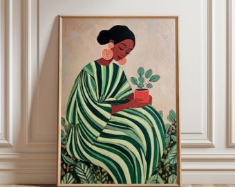 Botanical Woman Illustration Poster, Green Striped Dress Figure, Calm Modern Wall Decor