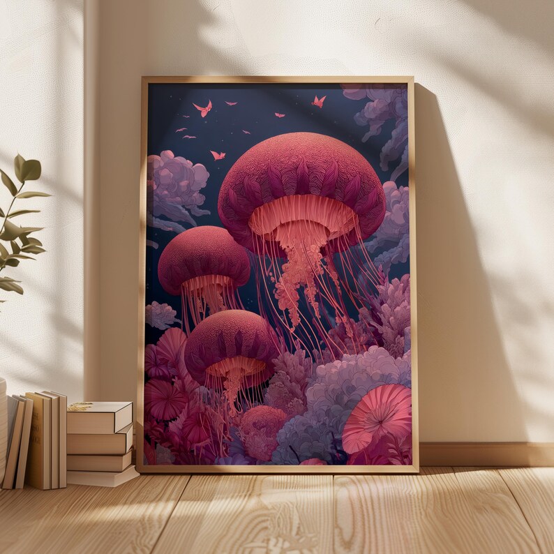 May include: A framed art print featuring a surreal underwater scene with large, vibrant pink jellyfish. The jellyfish have long, flowing tentacles and are set against a dark blue background with pink clouds and small, pink butterfly-like shapes.