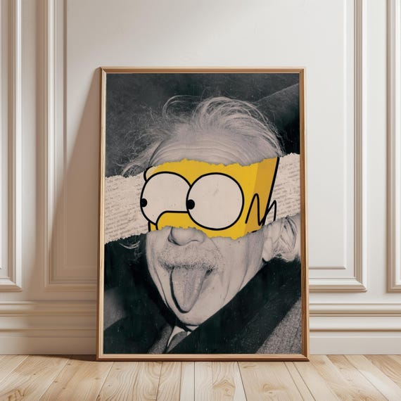 Einstein Pop Art Collage Poster, Cartoon Eyes Parody Wall Art, Modern Humor Print Decor