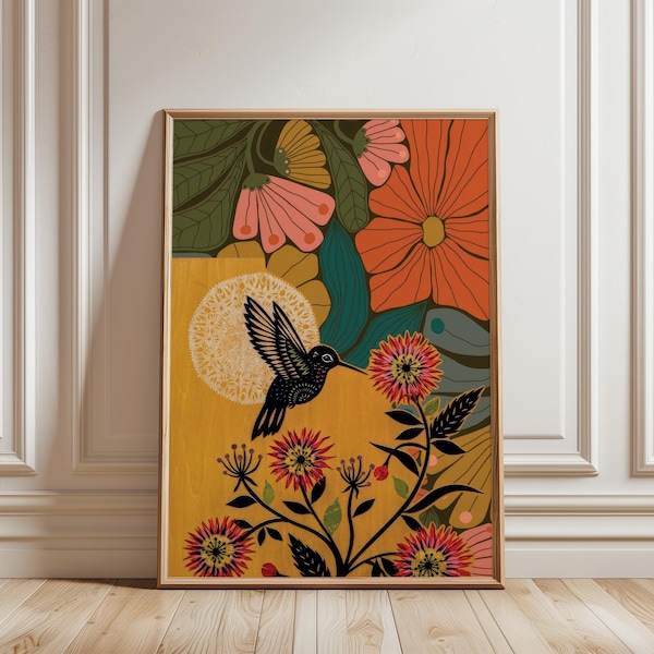 Hummingbird Floral Illustration, Folk Botanical Bird Wall Art Print, Colorful Garden Nature Decor Poster