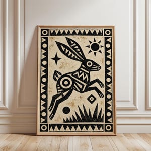 Rabbit Poster, Geometric Folk Wall Art, Black Hare Celestial Block Print