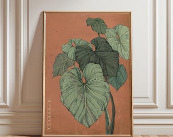 Tropische botanische lijnafdruk, vintage monstera muurkunst, Japandi terracotta decorposter