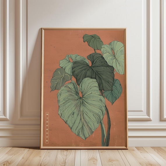 Tropical Botanical Line Print, Vintage Monstera Wall Art, Japandi Terracotta Decor Poster