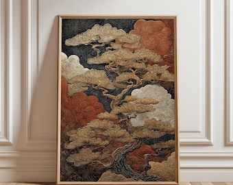 Japanese Bonsai Tree Poster Print, Vintage Pine Tree Wall Art, Zen Nature Home Decor