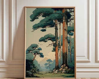 Japanese Forest Illustration Poster, Tall Pine Landscape Scene, Serene Nature Wall Decor