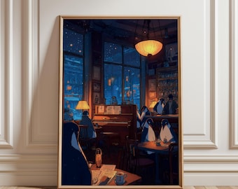 Puede incluir: Una impresión artística enmarcada representa una escena de café nocturna. El interior presenta un piano, mesas y una barra, con pingüinos como clientes. La paleta de colores está dominada por azules y una iluminación amarilla cálida, creando un ambiente caprichoso.