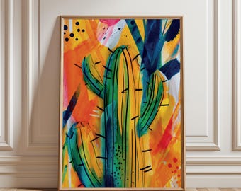 Colorful Cactus Art Print, Mexican Folk Art Decor, Modern Plant Poster