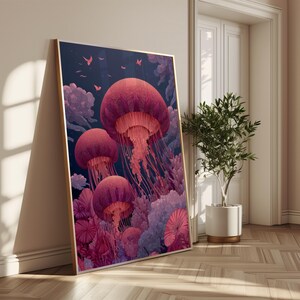 May include: Framed art print featuring a vibrant illustration of jellyfish in shades of pink and purple against a dark blue background. The artwork is displayed in a gold frame, leaning against a wall, and adds a touch of marine life to any space.