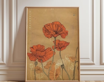 Vintage Poppy Botanical Print, Orange Floral Wall Art, Ukiyo-e Style Nature Poster