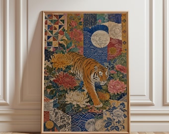 Pôster Botânico de Tigre, Arte de Parede Floral Asiática Vintage, Decoração Maximalista com Colagem de Vida Selvagem