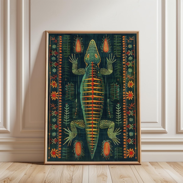 Krokodil folkkonstposter, tribal botanisk väggkonst, dekorativt djurtryck