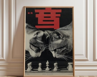 May include: Framed art print featuring two cats facing each other over a chessboard. The cats are in grayscale, with a black background and red Japanese characters. The chess pieces are white.