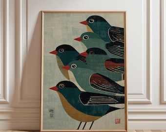 Japanse houtsnede vogelprint, Ukiyoe Sparrow Flock illustratie poster, decor natuurkunst aan de muur