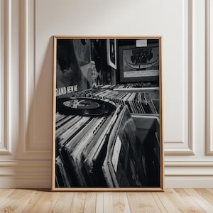 Vinyl Record Store Poster, Black White Music Wall Art, Retro Analog Photo Print
