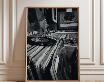 Vinyl Record Store Poster, Black White Music Wall Art, Retro Analog Photo Print