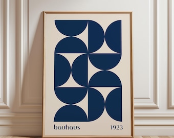 Bauhaus 1923 utställningsaffisch, marinblå stora geometriska former väggkonst, minimalistisk 50-talsmodern abstrakt tryck