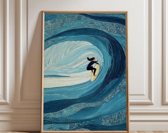 Peut inclure: Une impression d'art encadrée représente un surfeur sur une vague stylisée. L'œuvre utilise des nuances de bleu et de blanc pour créer la forme de la vague. Le surfeur est en noir et jaune, ajoutant du contraste. L'impression est dans un cadre en bois.