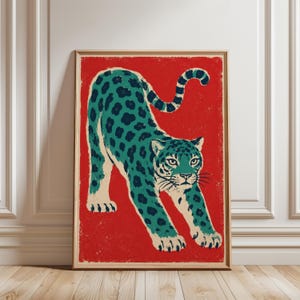 Leopardposter från mitten av århundradet, modern väggkonst med illustration av vilda djur, retrotryck av stor katt