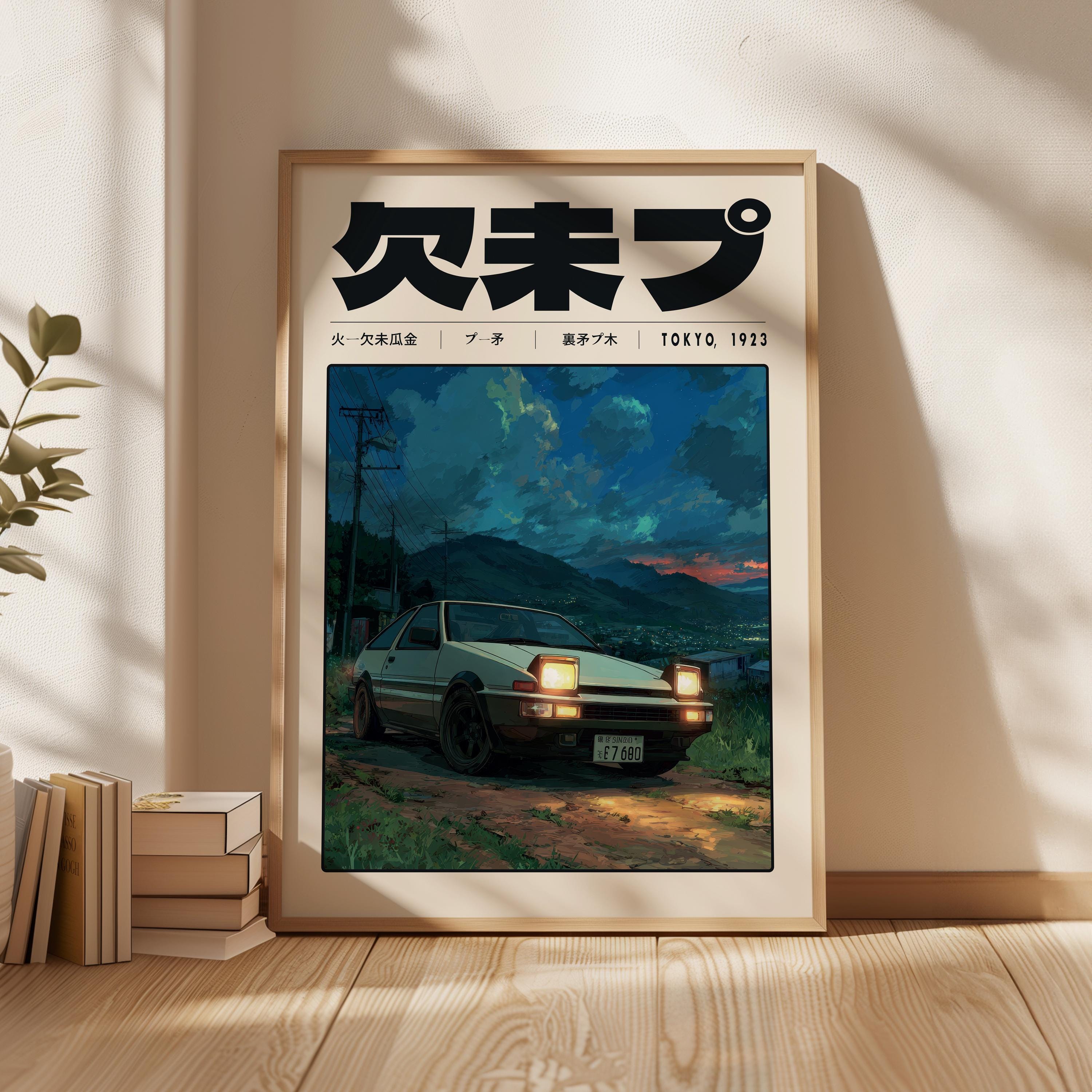 Retro JDM Night Car Poster, Japanese Countryside Wall Art