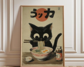 Black Cat Eating Ramen Poster, Vintage Japanese Ukiyo-e Style Wall Art, Cute Anime Cat Illustration, Retro Asian Food Kitchen Decor